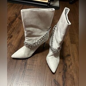 Venus Faux Suede High Heel Chain Booties in Light Gray Women's Size 9